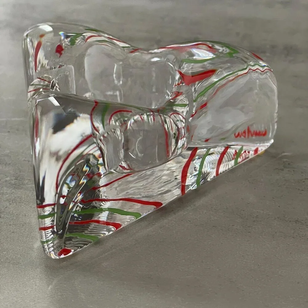 Kosta Boda VTG Piece of Cake Red Green Stripe Triangle Candleholder Signed